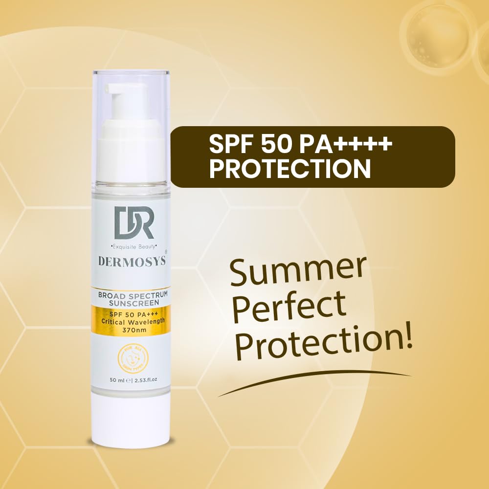 Dermosys Sunscreen SPF 50 PA+++ | 50ml Organic & Non Comedogenic SunscreenSPF50 | UVA, UVB & Blue Light Protection | With Hyaluronic Acid & Vitamin C | No White Cast | For All Skin Types