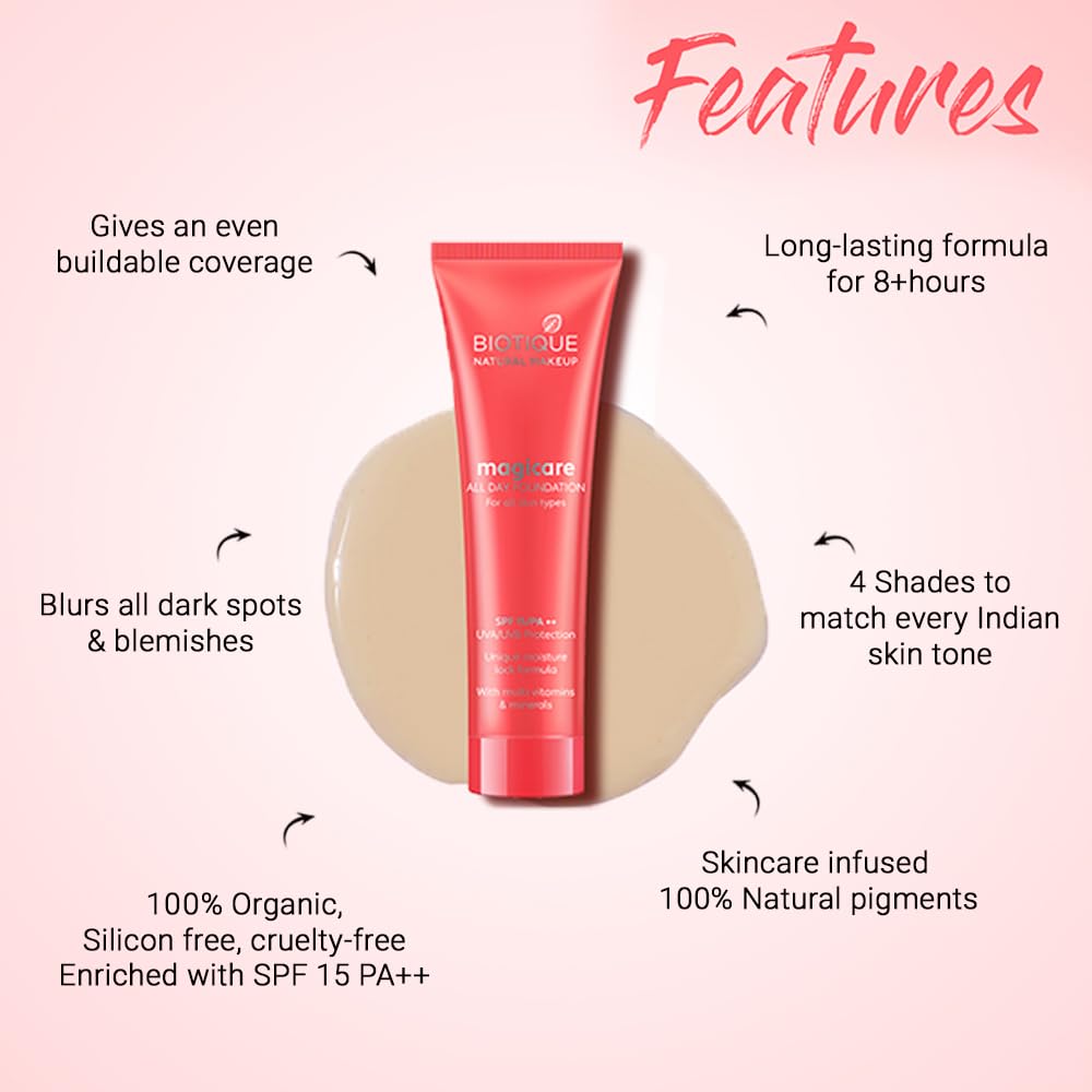 Biotique Natural Makeup Magicare Acne Prone All Day Liquid Full Coverage Foundation (Seashell, 30Ml, Natural Finish), Pack Of 1