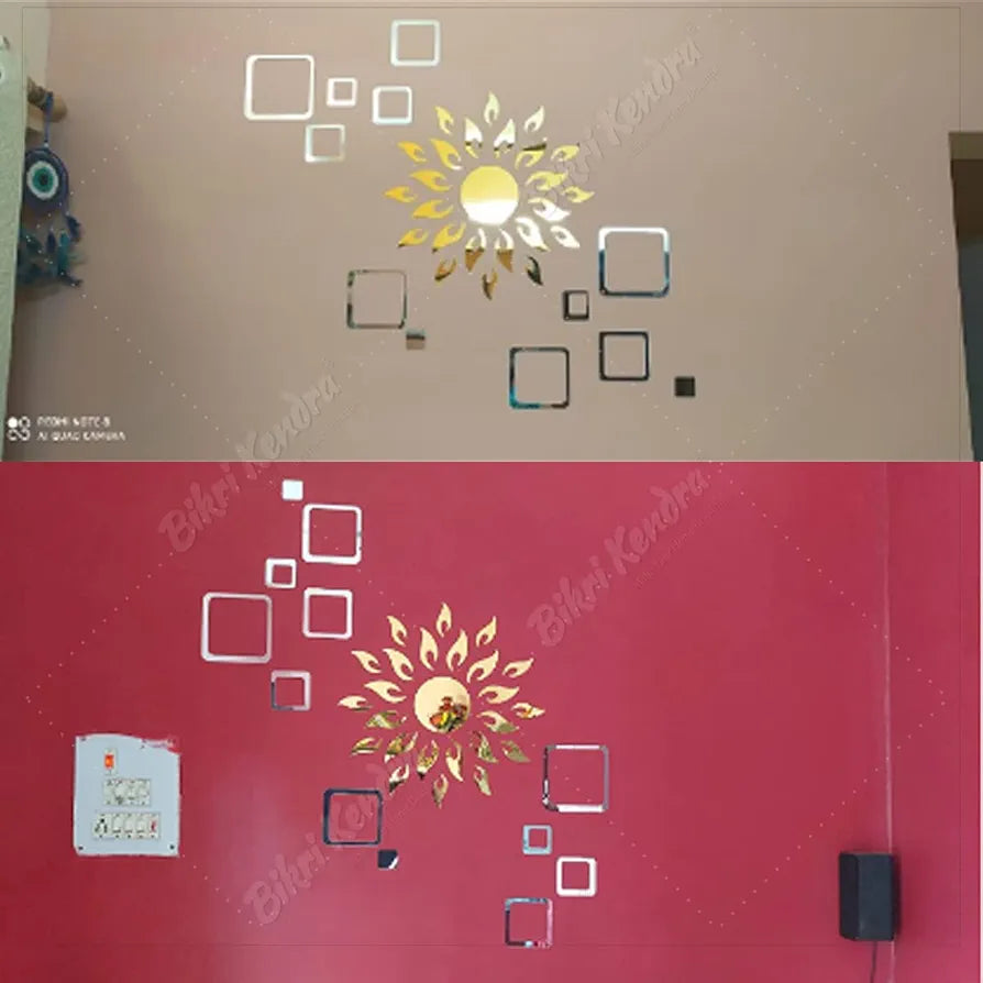 Bikri Kendra Sun Golden with Square 2 Set Silver Decorative Mirror Stickers for Wall 3D Acrylic