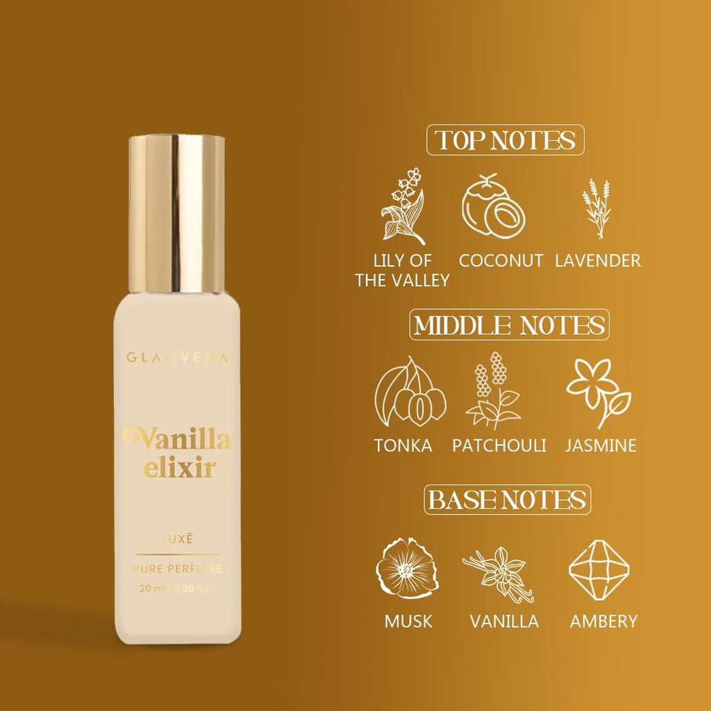 Glamveda Luxury Vanilla Elixir Pure Perfume for Woman 20ml | Long-Lasting Fragrance | Lily, Coconut, Lavender, Jasmine, Vanilla | Floral and Fruity Premium Perfume for Women