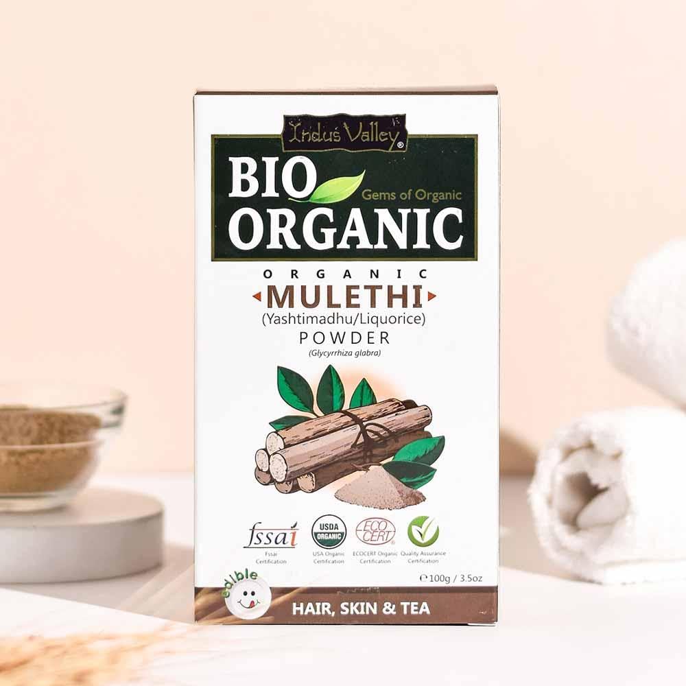 INDUS VALLEY 100% Natural Pure Mulethi Powder Yashtimadhu Licorice Glycyrrhiza Glabra for Glowing Skin Face Pack Tan Removal Hair Fall Control (100g)