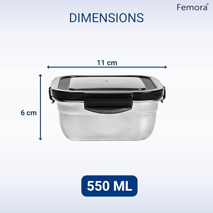 Femora High Steel Square Container Airtight Leakproof Unbreakable Storage Container/ Lunch Box | 550 Ml | Set of 3