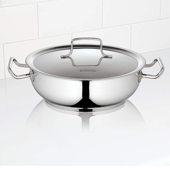 Borosil Stainless Steel Kadhai With Lid | Induction Friendly | Impact Bonded Tri-ply Bottom | 1.8 Litres | 20 Cm