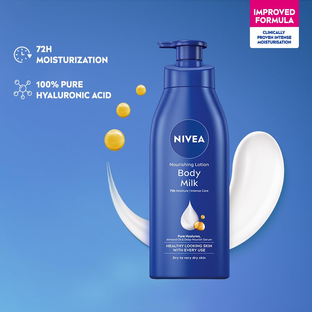 NIVEA Nourishing Body Milk 400ml Body Lotion with Hyaluronic Acid | 72Hr Hydration | Deep Moisture Care for Very Dry Skin | Enriched with Almond Oil | Smooth, Radiant & Healthy Looking Skin Care