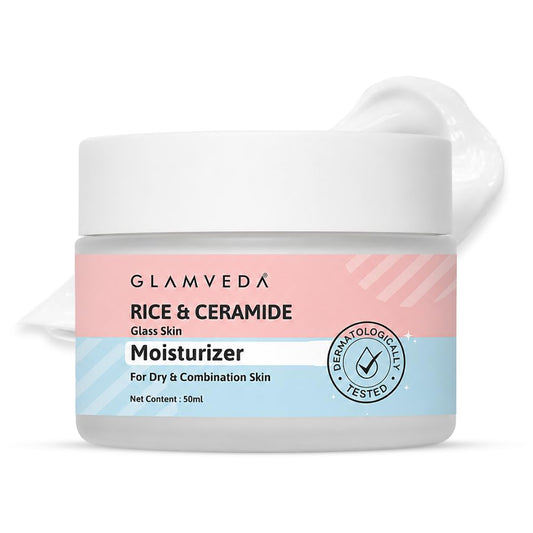 Glamveda Korean Rice & Ceramide Moisturizer Cream For Dry Skin | Face Moisturizer for Glowing Skin | Skin Barrier Building & Nourishing | Reduce Fine Lines Wrinkles & Age Spots | Women & Men | 50ml