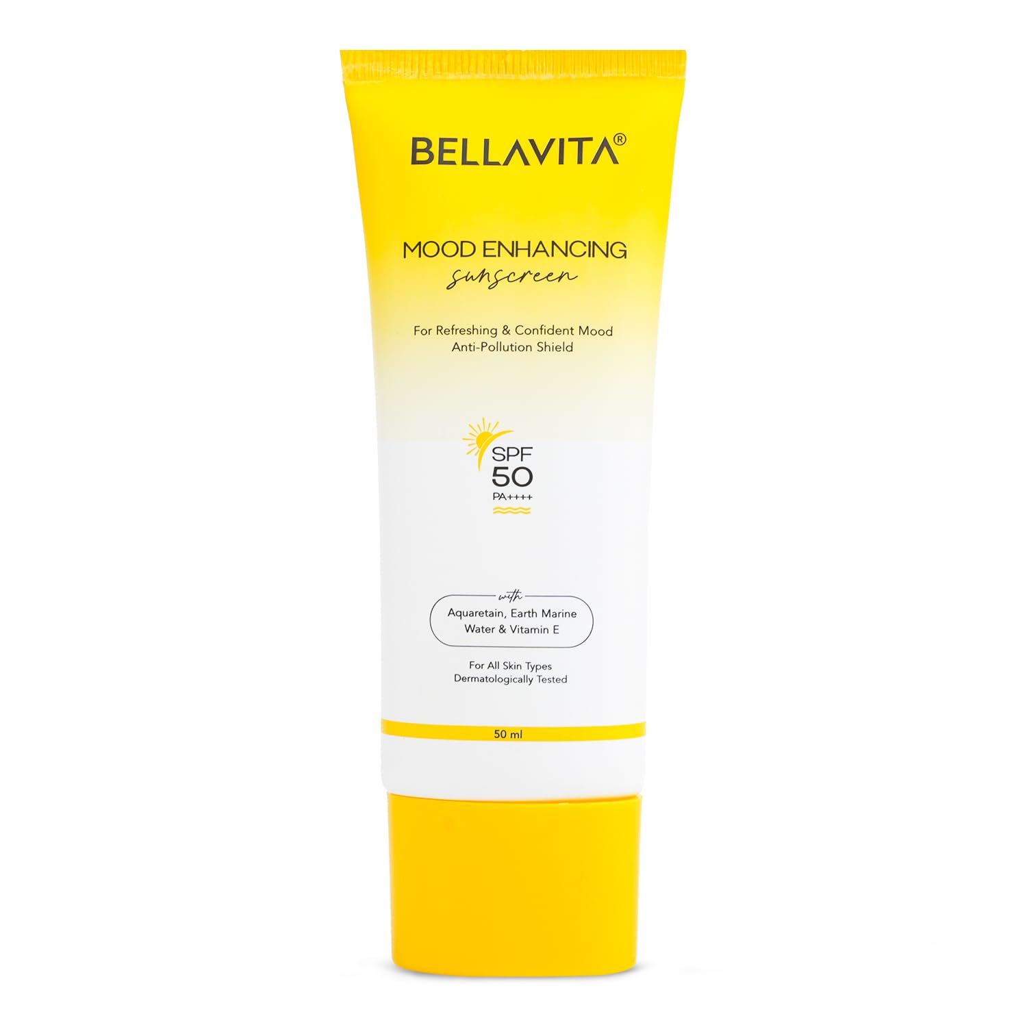 BELLAVITA Sunscreen SPF 50, Mood Enhancing Sunscreen, PA++++, Non-Greasy, No White Cast | Broad Spectrum & UVA+UVB Protection | For Men & Women- 50 ML