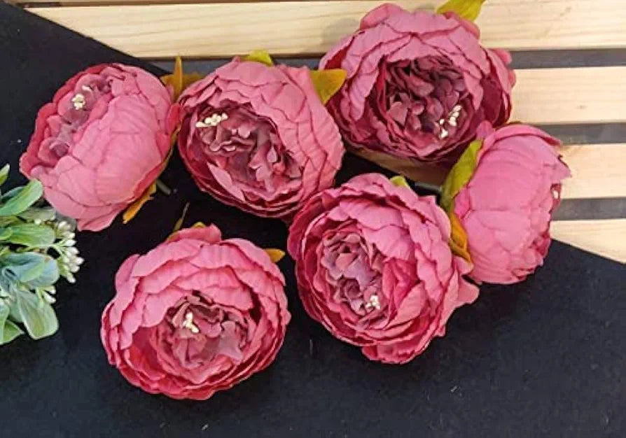 6 Pcs Artificial Fabric Rose Flower Heads Handmade Peony Style Flowers Dark Pink