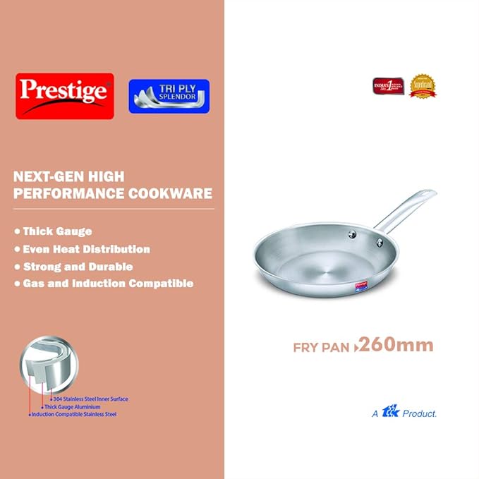 Prestige Tri-Ply Splendor 26 cm Stainless Steel Fry Pan Without Lid|Induction Compatible