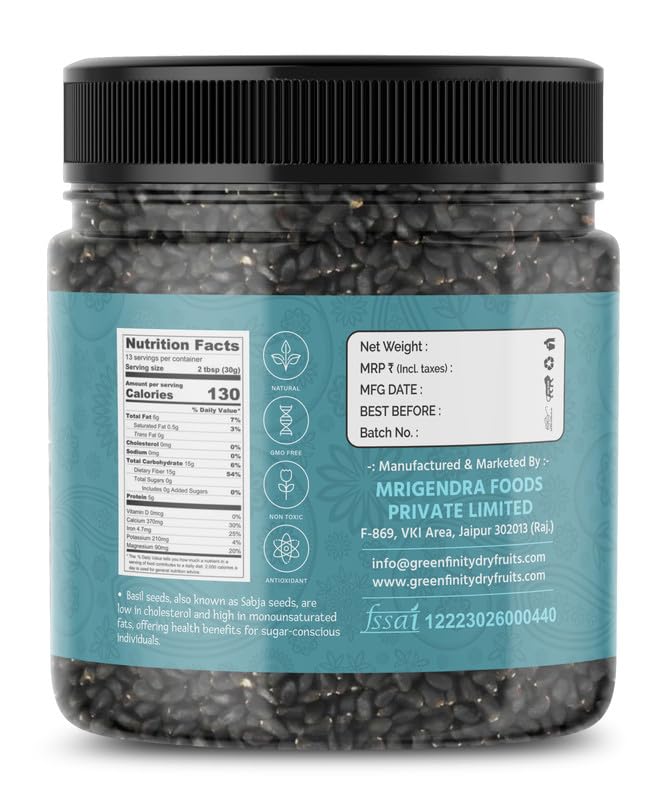GreenFinity Healthy Basil Seeds | Rich in Omega-3, Dietary Fibre, and Antioxidant Seeds for Weight Management | Rich in Calcium, Protein & Fibre, Salads, Snacks, Smoothies Seeds Tukmaria (300g)