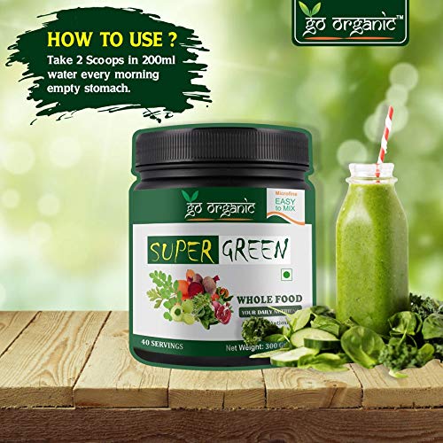 Go Organic Super Green powder Supergreens Raw Plant-Based Nutrition, Organic Spirulina, Chlorella, Acerola & Other Alkalizing And Antioxidant Fruits & Vegetables, Lemongrass & Stevia 300Gm