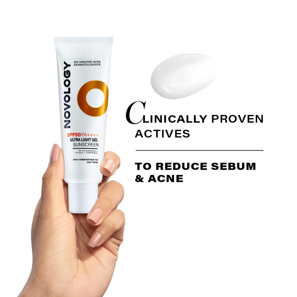 Novology SPF50 PA++++ Ultra Light Gel Sunscreen | Non-Greasy, Quick Absorbing, Invisible Finish | 50 g