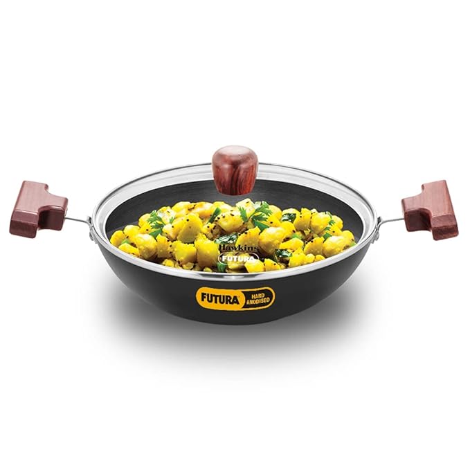 Hawkins Futura 1.5 Litre Deep Fry Pan Hard Anodised Kadai with Glass Lid
