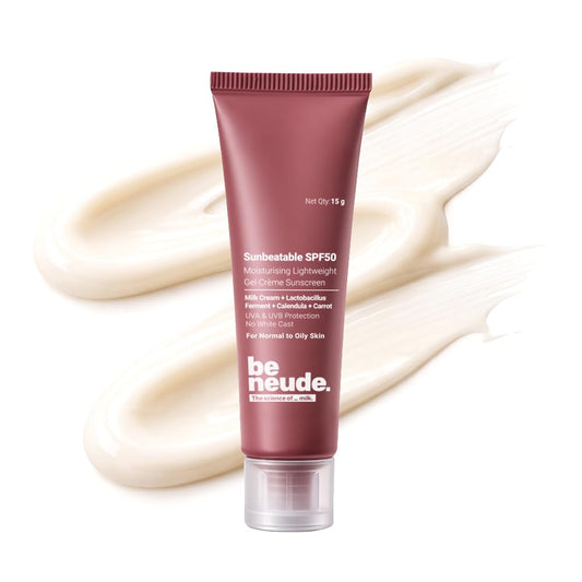 Be Neude Sunbeatable 15ml Gel Creme Sunscreen SPF 50 PA++++ with 3 SPF Boosters & Molecular Milk, Complete UVA+UVB Protection with No White Cast, Oily Skin Friendly