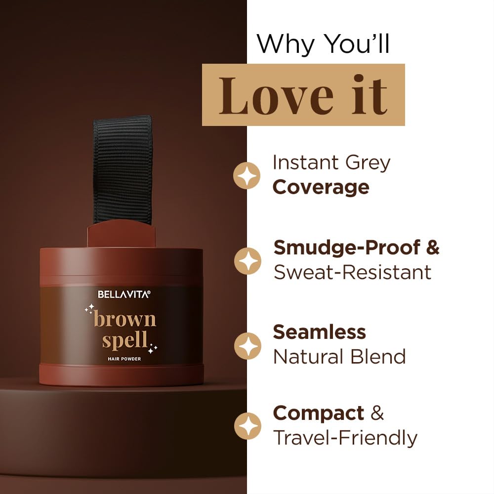 BELLAVITA Brown Spell Hair Powder | Instant Grey Coverage & Thinning Spot Concealer | Smudge-Proof, Sweat-Resistant & Long-Lasting Formula | Natural looking colour | 4g