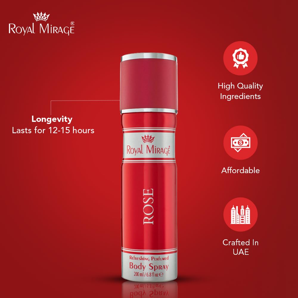 Royal Mirage Rose Body Spray | Perfume for Women | Floral & Fruity Fragrance | Long-Lasting Scent | Peach, Rose & Vanilla Notes | Romantic & Feminine Scent | Birthday Gift for Women | 200ml