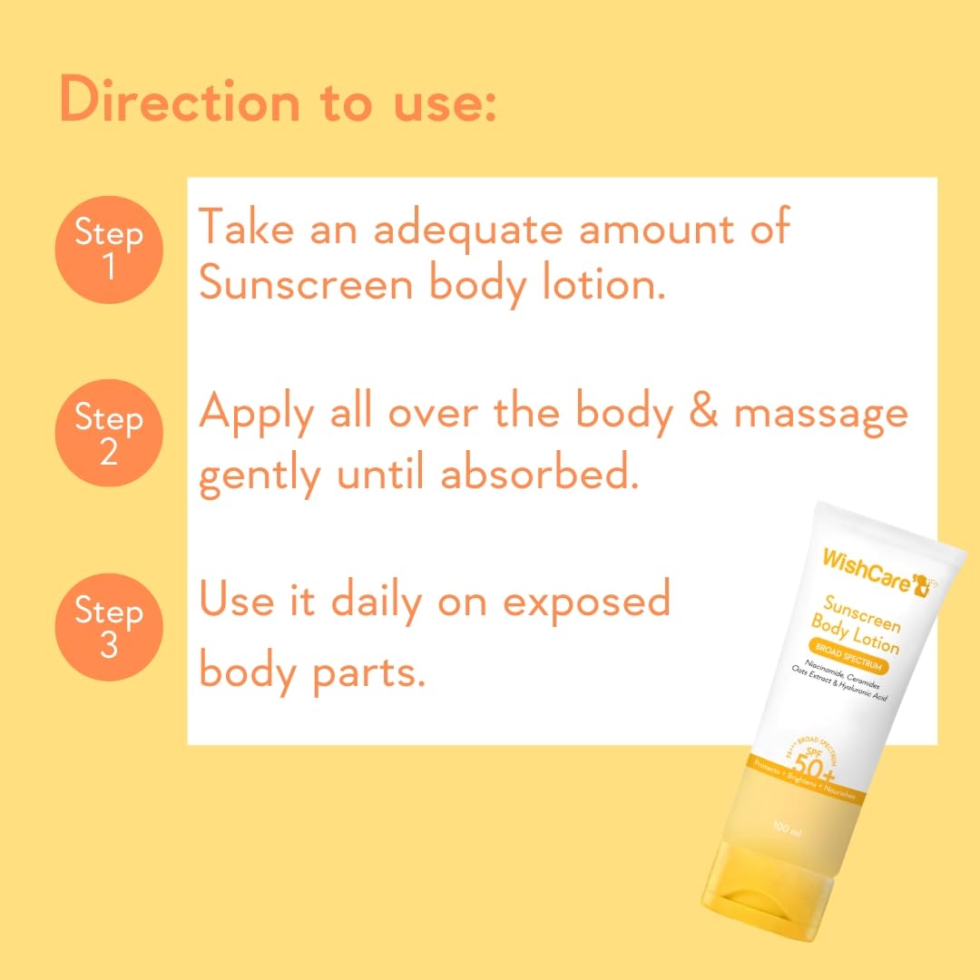 WishCare Sunscreen Body Lotion with SPF 50 PA+++ In-Vivo Tested | Body Sunscreen With Broad Spectrum UVA & UVB Protection, No White Cast | With Carrot Seed & Raspberry | For All Skin Types | For Women & Men | 100ml