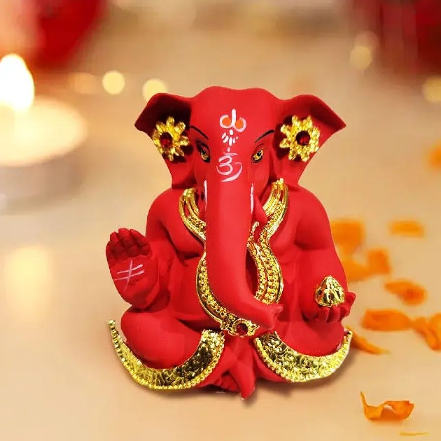 CraftVatika Ganesh Idol Murti Statue for Car Dashboard Ceramic Terracotta Gold Plated Ganesha Idols Red