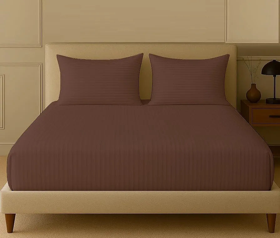 Trance Home Linen 100% Cotton 78x66 inch 200TC Satin Stripe Elastic Fitted Bedsheet Double Bed Fitted Bedspread with 2 Pillow Covers Colour Chocolate Brown