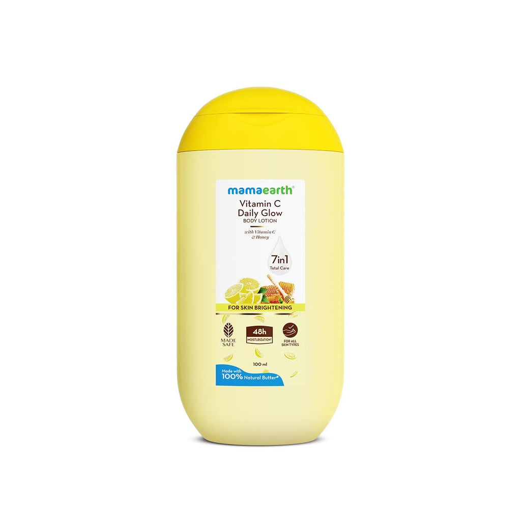 Mamaearth Vitamin C Daily Glow Body Lotion For Skin Brightening with Vitamin C & Honey - 100ml |Nourishes Dry Skin | 48 H Moisturization | 100% Natural Butter | Non-Greasy Smooth Skin | All Skin Types