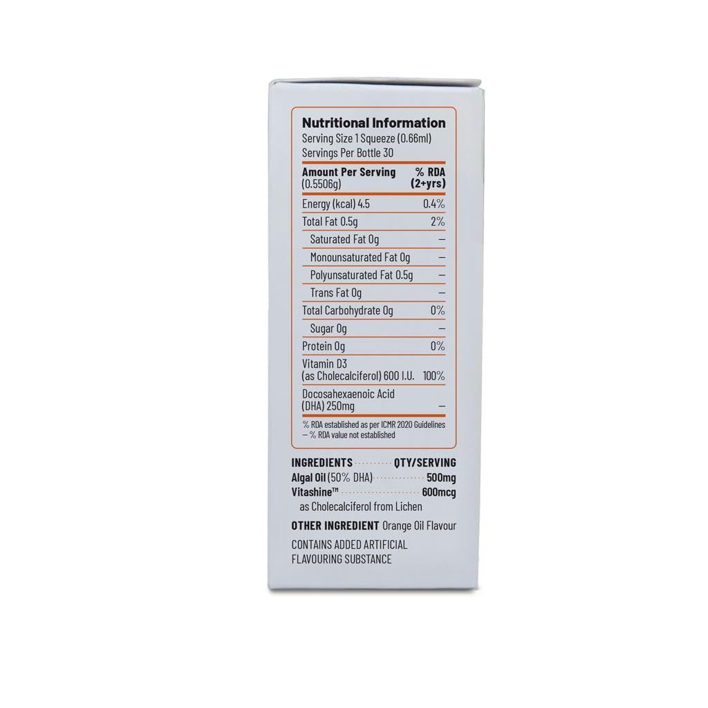 Unived Ovegha D3 Kids, Vegan Algae Omega-3 DHA with Plant-Based Vitamin D3, 250mg DHA & 600 I.U. D3, Liquid Dropper, Natural Orange Flavour, 30 servings
