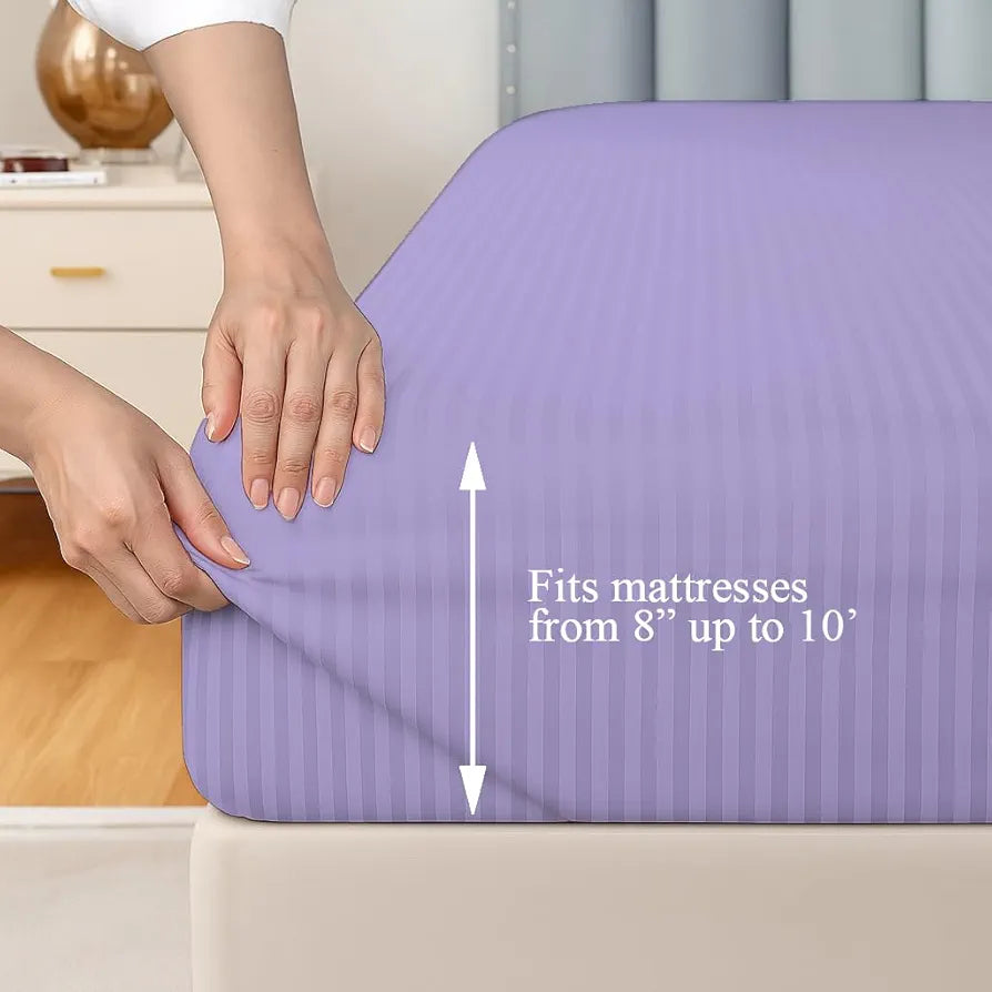 Trance Home Linen 100% Cotton 78x66 inch 200TC Satin Stripe Elastic Fitted Bedsheet Daily Use Double Bed Fitted Bedspread with 2 Pillow Covers Colour Lilac Purple