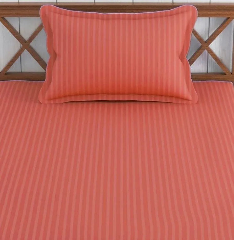 Trance Home Linen 100% Cotton 78x36 inch Single Fitted 200TC Satin Stripe Elastic Fitted Bedsheet with 1 Pillow Covers Colour Copper Rust