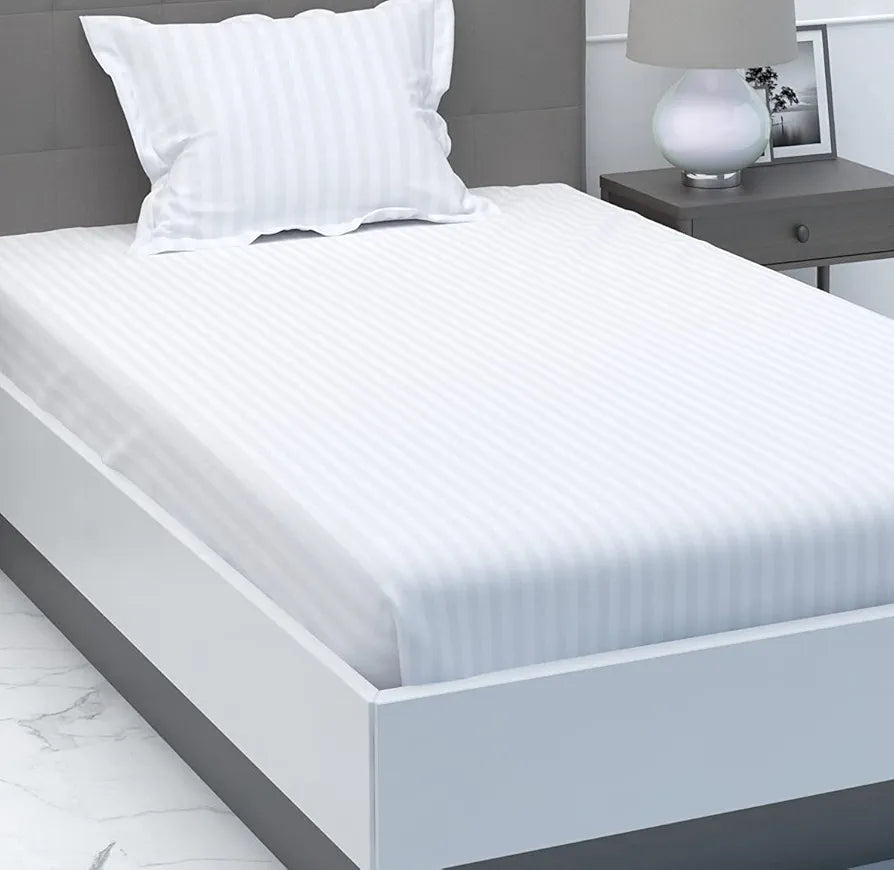 Purav Light Microfiber Flat Single Bed Bedsheet Plain Striped Cotton Bedsheet with 1 Pillow Cover for Queen Size Bed 340 TC Breathable White Color