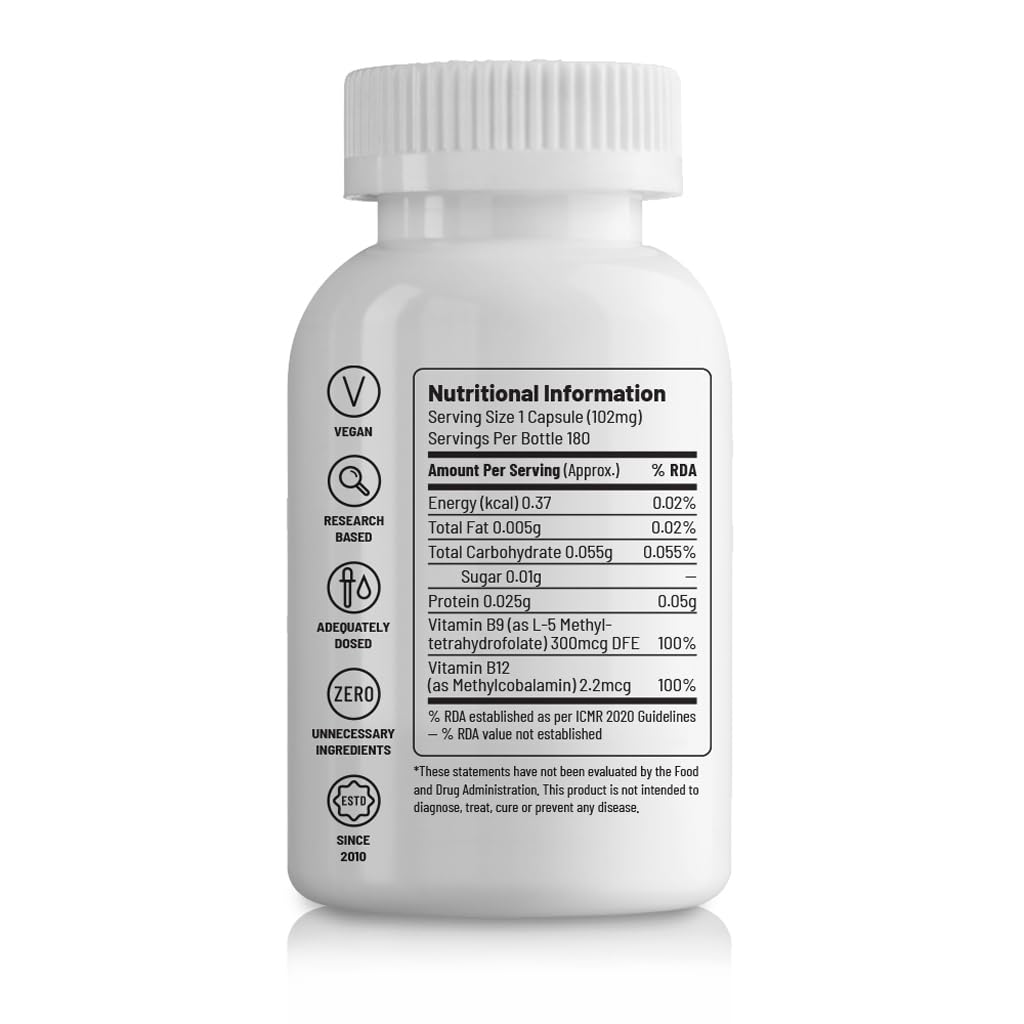 Unived Vitamin B12 Veg, Methylcobalamin (98%), with Methyltetrahydrofolate (5-MTHF), Brain Cells & Nerve Tissue Support, 180 Vegan Capsules