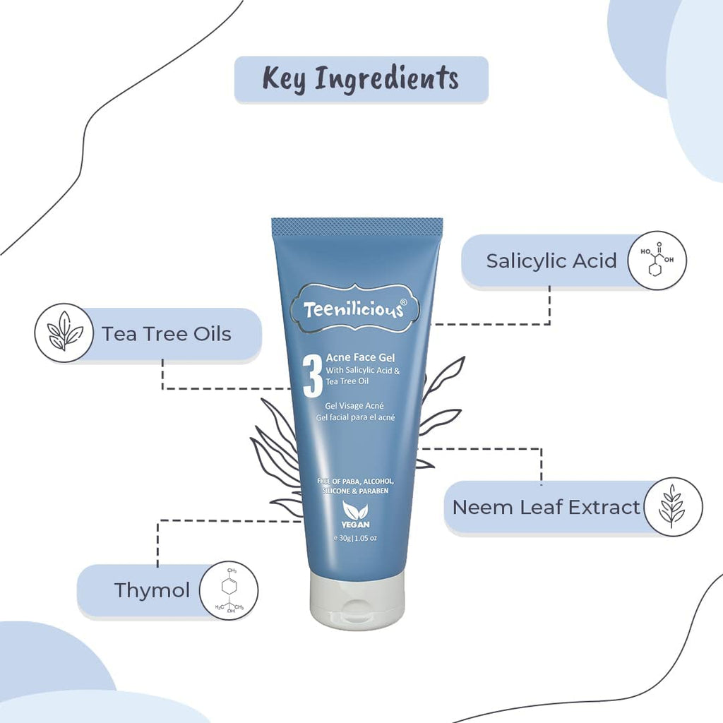 Teenilicious Acne Face Gel With 2% Salicylic Acid & Tea Tree Oil | Acne Face Gel For Men & Women | Face Gel For Blackheads & Whiteheads | For Oily Skin To Clear Skin Pores - 30gm