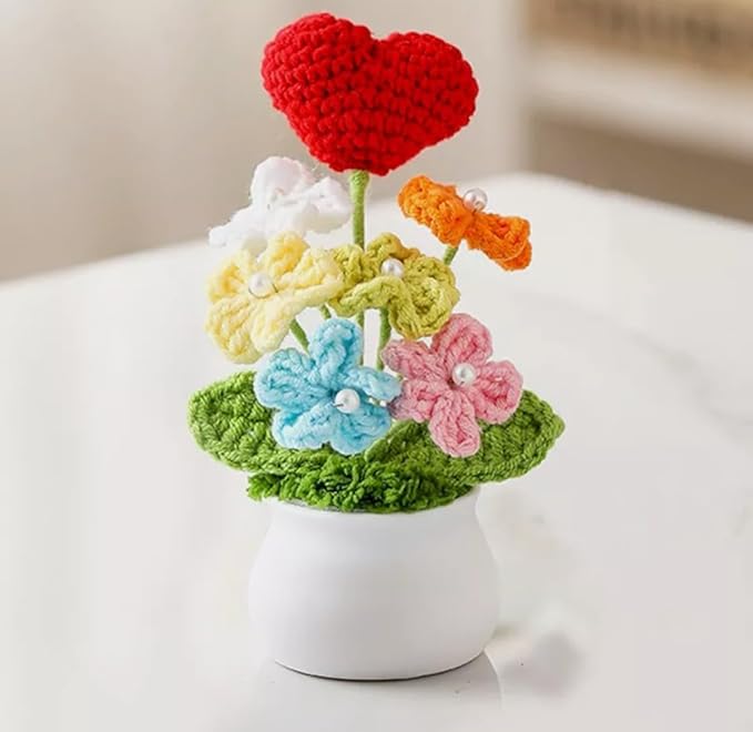 Crochet Flowers Artificial Sunflower Small Daisy with Red Heart