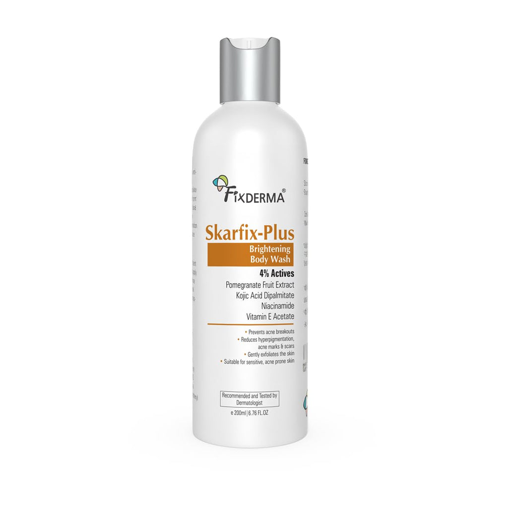 Fixderma Skarfix Plus Brightening Body Wash with 4% Actives (Kojic Acid, Niacinamide Acid, & Vitamin E) | Skin Brightening Body Wash Shower Gel Women & Men | For Hyperpigmentation & Acne Marks - 200ml