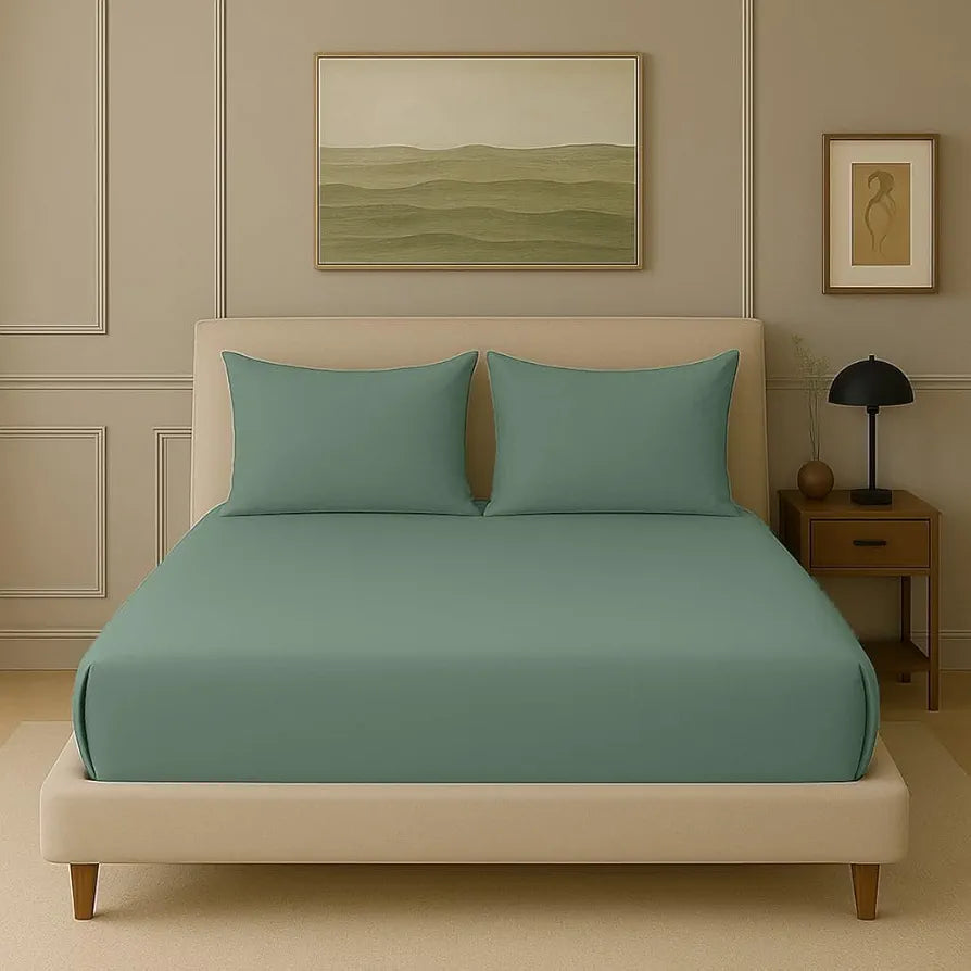 Trance Home Linen 300 TC Bamboo Fitted Queen Size Bedsheet Soft Breathable & Eco-Friendly Bedsheet with 2 Pillow Cover Colour Aqua Green