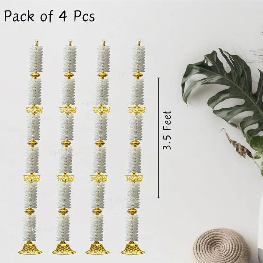 Fabric White Mogra Flower Ganeshji and Bells Wall Hanging Pack of 4 Strings Artificial Flower Latkan 3.5 Feet