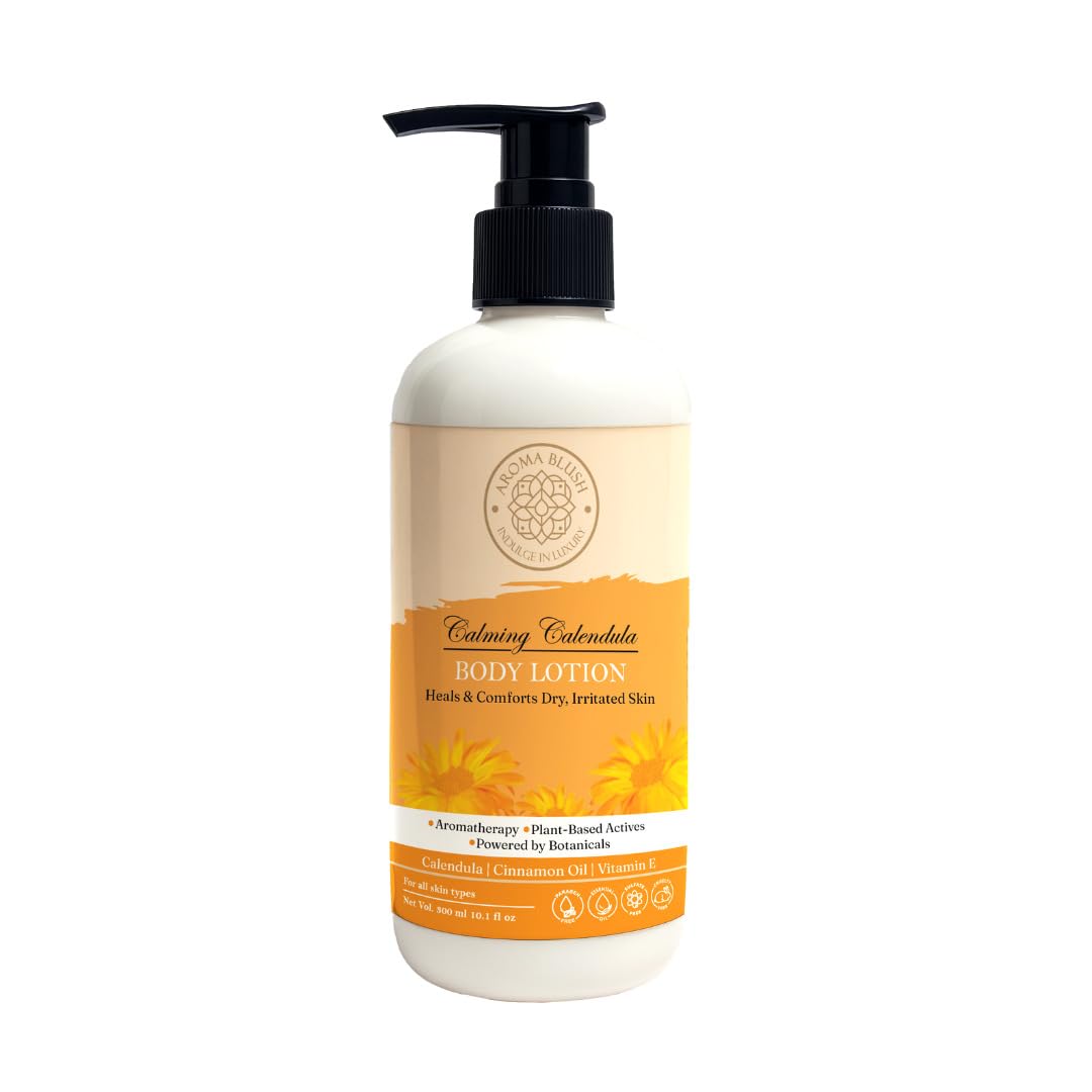 Aromablush - Calming Calendula Body Lotion | Calendula Oil, Cinnamon Oil, Vitamin E | Soothes & Heals | Deep Hydration & Fast Absorbing|Non-Greasy|Gentle|Natural Formula for Dry & Sensitive Skin|300ml