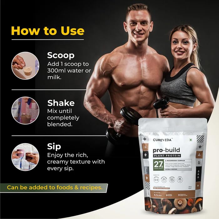 Cureveda Pro-Build Plant Protein Powder | 27g Vegan Protein + 6 Mushrooms | 5.1g BCAA & Digestive Enzymes | Cordyceps, Lionâ€™s Mane, Reishi, Chaga, Shiitake, Turkey Tail | Chocolate | 500g