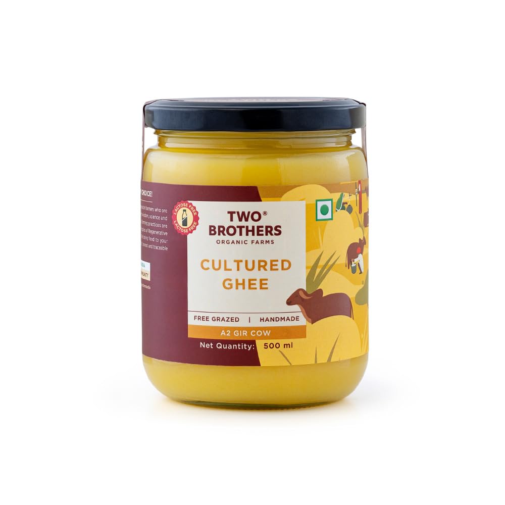 Two Brothers Organic Farms A2 Ghee |Free-grazed, Grass-fed Desi Gir Cows | Traditional Bilona Method | Pure, Natural and Healthy Ghee | Farm-Made A2 Cow Ghee with Probiotics for Gut Health