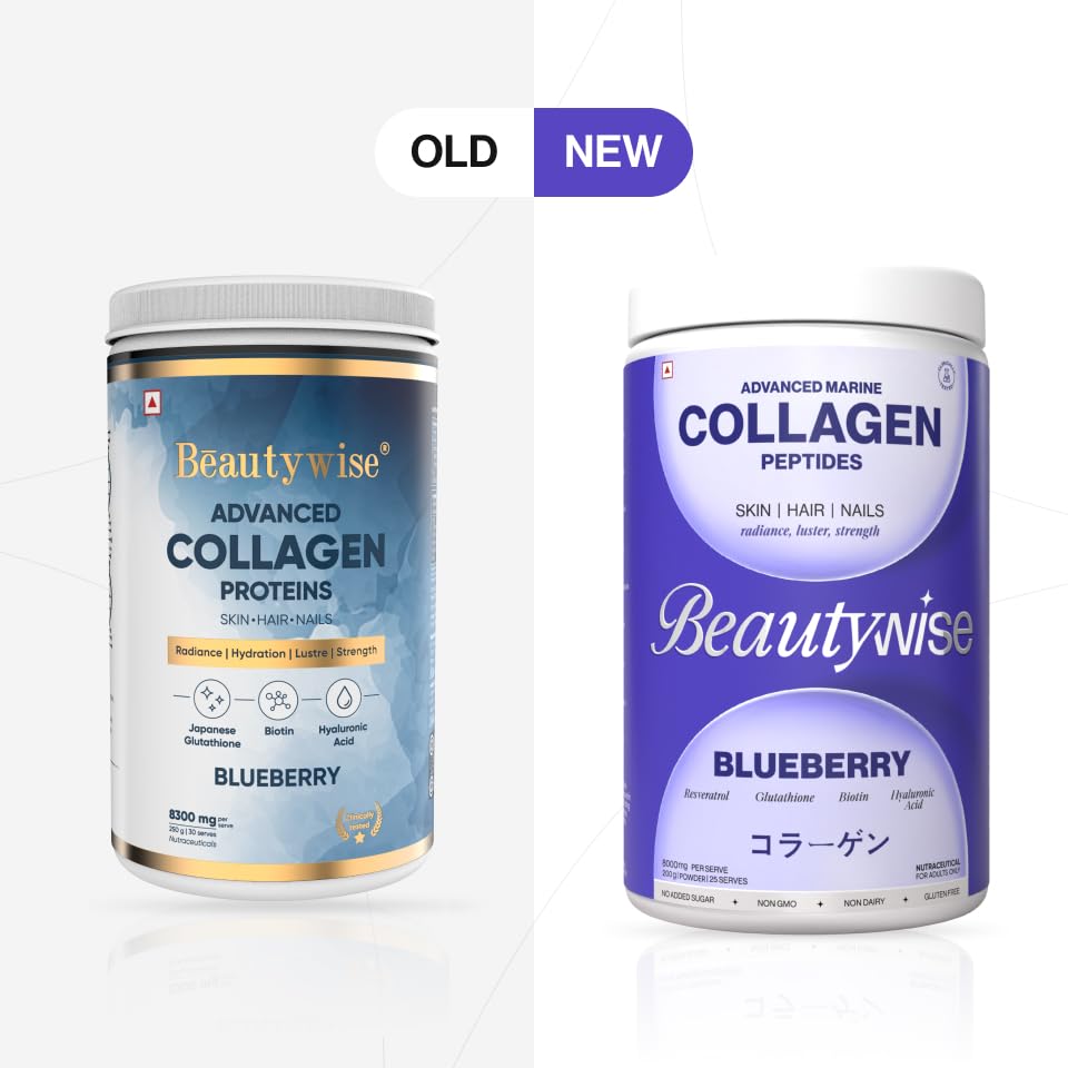 Beautywise Advanced Hydrolyzed Japanese Marine Collagen with Glutathione | For Radiance, Hydration, Youthful Skin | Fast-Absorbing 200gm, Clinically Proven | Skin, Hair & Nails | Blueberry (25 Servings)