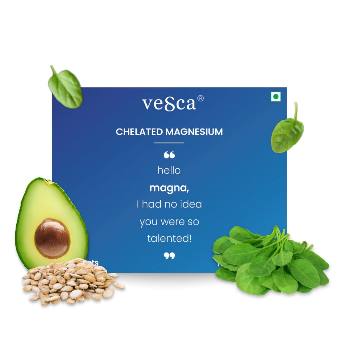 Vesca Chelated Magnesium Glycinate, Citrate, Oxide | Improve Sleep | Stress Relief | High Absoprtion Triple Magnesium Complex for Men & Women | 100% Plant Based & Vegetarian | 340mg_30 Tablets