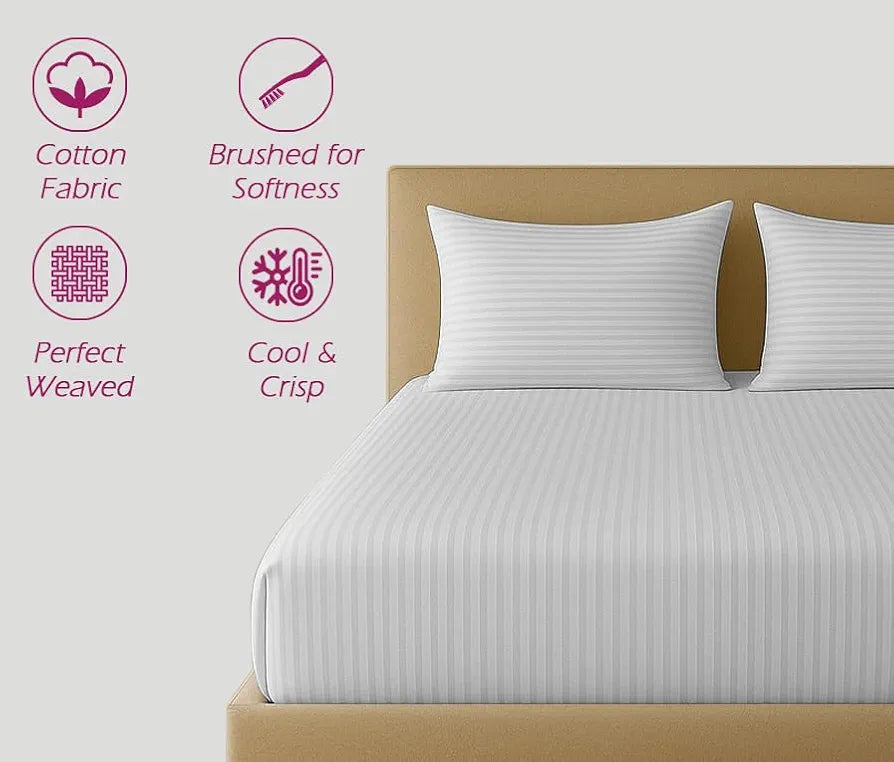 Trance Home Linen 100% Cotton 78x66 inch 200TC Satin Stripe Elastic Fitted Bedsheet Daily Use Double Bed Fitted Bedspread with 2 Pillow Covers Colour Silver Grey