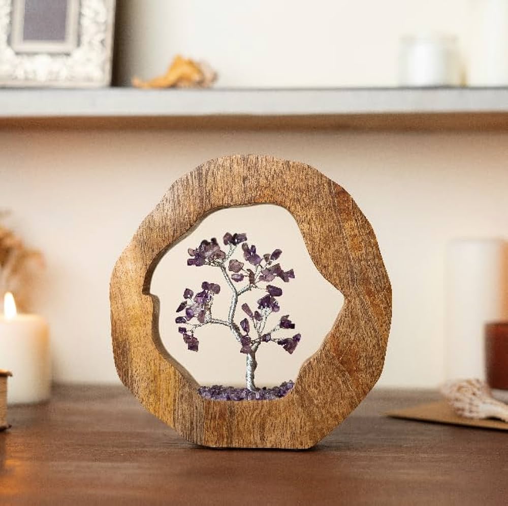Ritualistic Amethyst Crystal Tree Set in Wooden Ring Gift Spiritual Item for Energy Flow & Chakra Healing Feng Shui Gemstone Bonsai