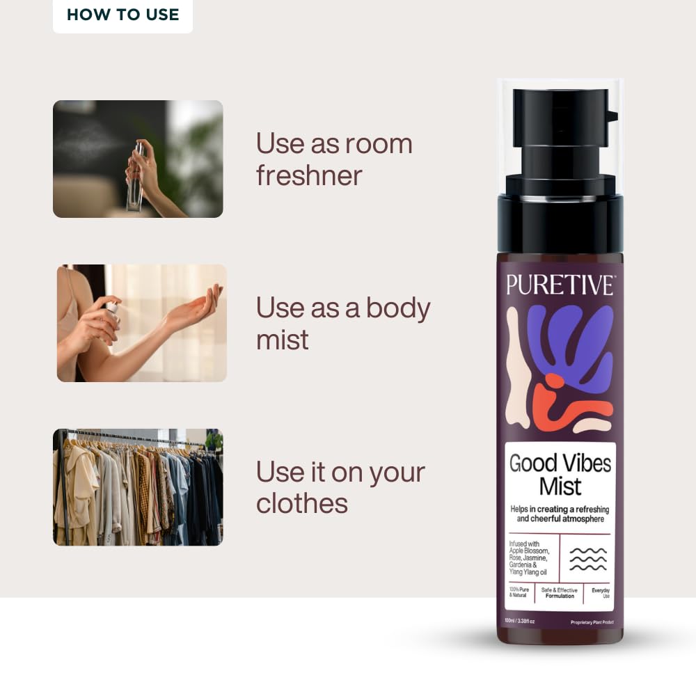 PURETIVE GOOD VIBES Plant Therapy Scent Mist | Body+Linen+Room | 100% Therapeutic Scent Mist with Essential Oil | Uplifts mood & Creates a Soothing Environment | 100ml