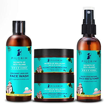 Pilgrim Face Care Set – Face Wash, Face Scrub, Tinted SPF 50 Day Cream, Face Mist & Toner – Skincare for Hydration & Radiance (100ml/100g)