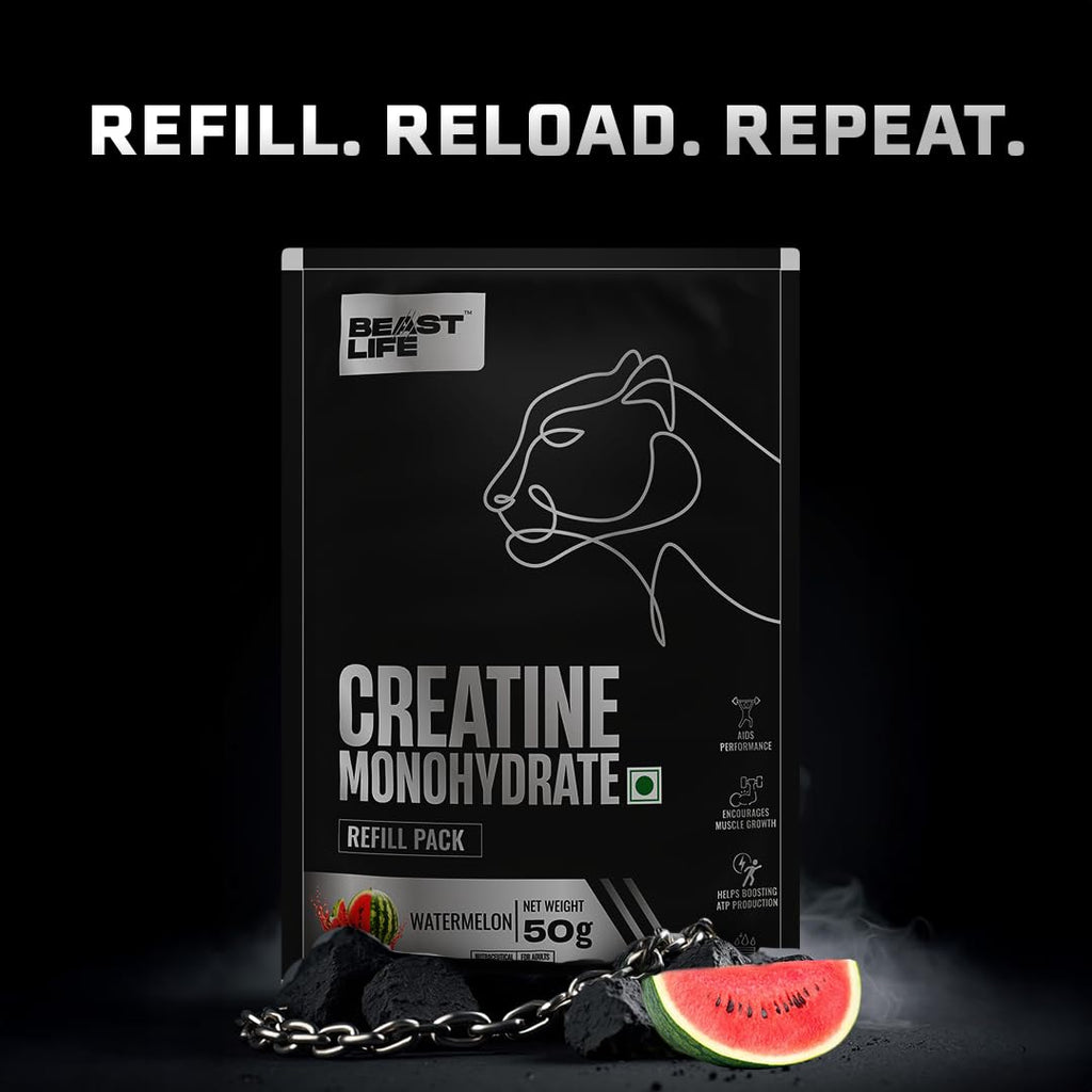 Beastlife Pure Super Micronised Creatine & Shaker Pack | 50 g | 13 Servings | Watermelon | NABL Lab Tested | Rapid Absorption for Muscle Strength & Athletic Performance | Super Micronised Creatine Powder