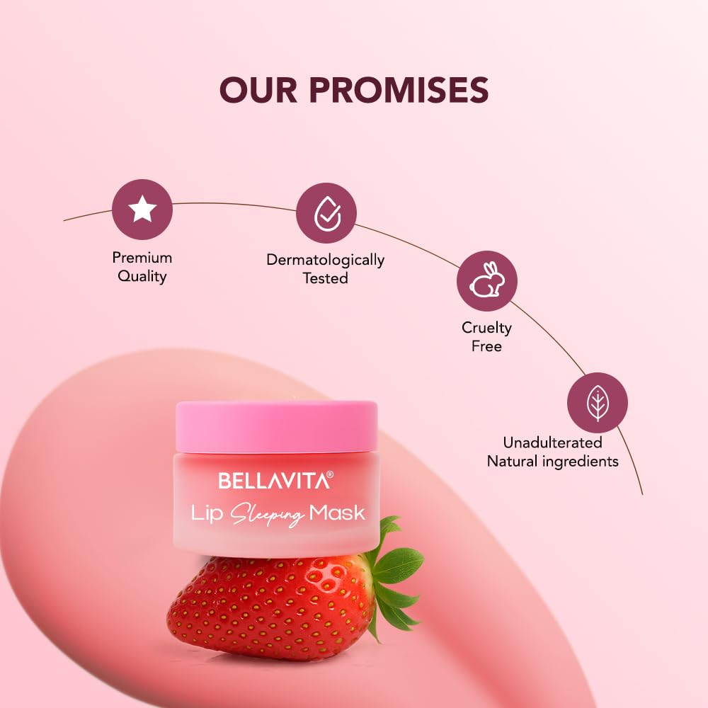 Bellavita Lip Sleeping Mask For Smooth, Soft & Plump Lips | 12hrs of Intense Hydration | Repairs Dry & Chapped Lips | Prevents Pigmentation | Soothes Dryness | Strawberry - 9.8g