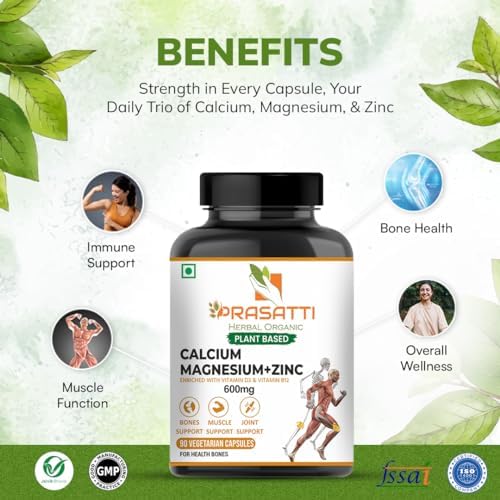 Prasatti Herbal Organic Plant Based Calcium Magnesium Zinc Supplement - 120 Veg Caps