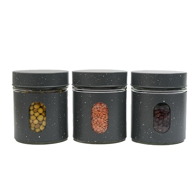 Femora Carbon Steel Jar for Kitchen Storage With Clear Glass Window and Carbon Steel Lid | 300 Ml | 3pc Set | Blue- Green