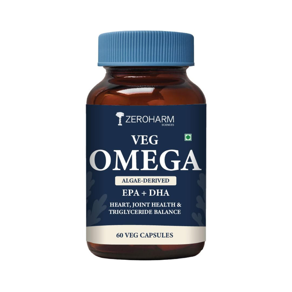 ZEROHARM Veg Omega (EPA 15% + DHA 25%) Capsules 500mg | Veg Omega Supplement for Men and Women | Supports Eyes, Skin, Muscles, Bones and Joints | Sourced from Algae | 60 Capsules