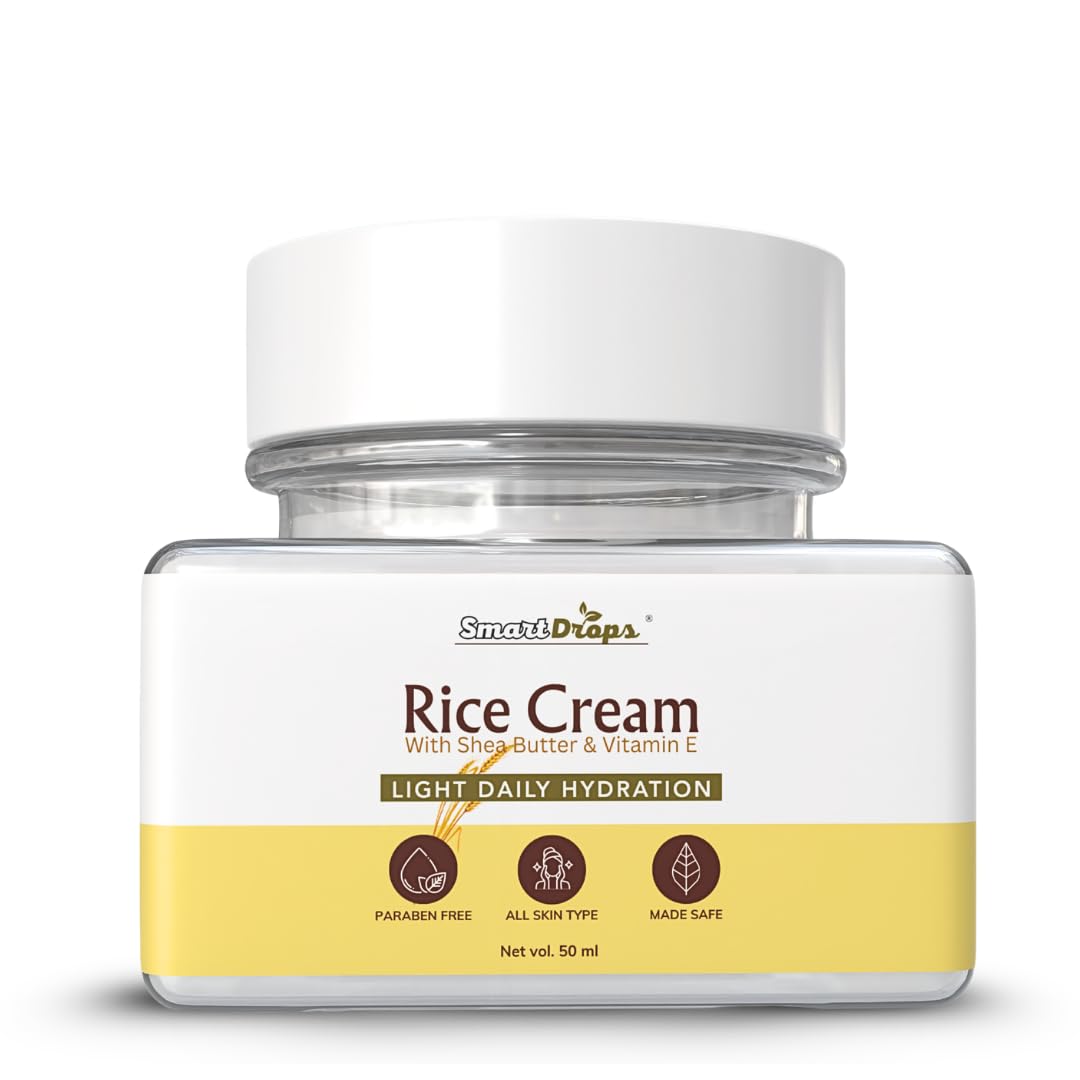 Smartdrops Rice Face Cream with Shea Butter and Vitamin E Light Daily Hydration Skin Care Cream, Daily Glow Light Moisturizing Cream - 50 g (Pack 1)