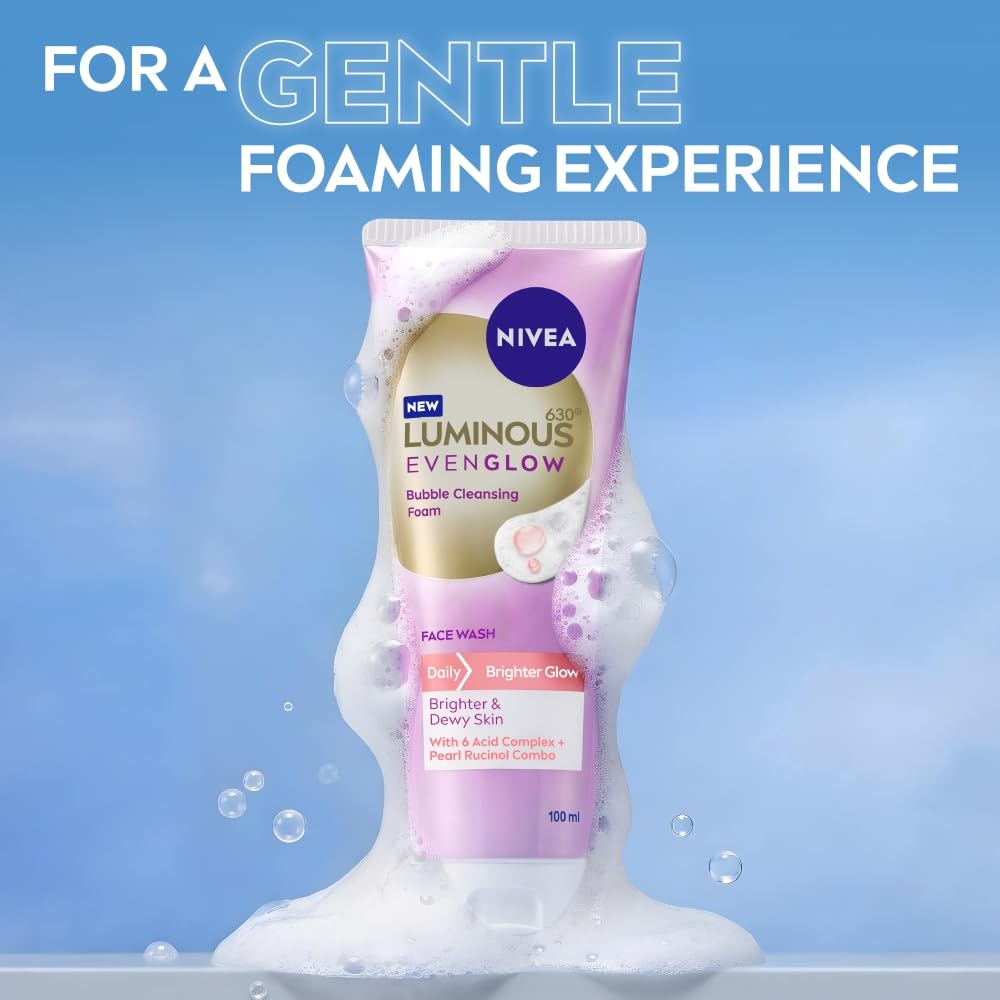 NIVEA Luminous Even Glow Bubble Cleansing Foam Face Wash | For Glowing Skin, Skin Brightening & Refined Pores | Pearl Rucinol + 6 Acid Complex | Makeup Remover | Daily Face Cleanser | 100ml