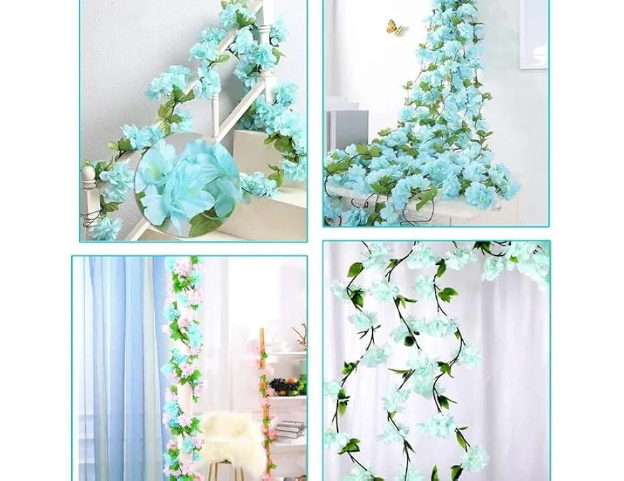 Artificial Cherry Blossom Rattan Flowers Vine Sky Blue